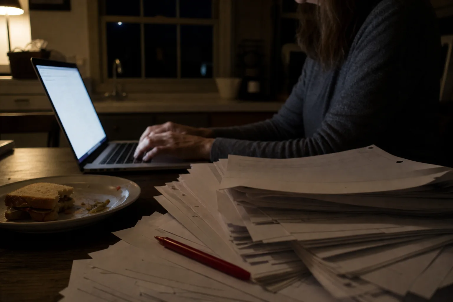 A laptop glows on a kitchen table at night. Student papers stacked beside it.
