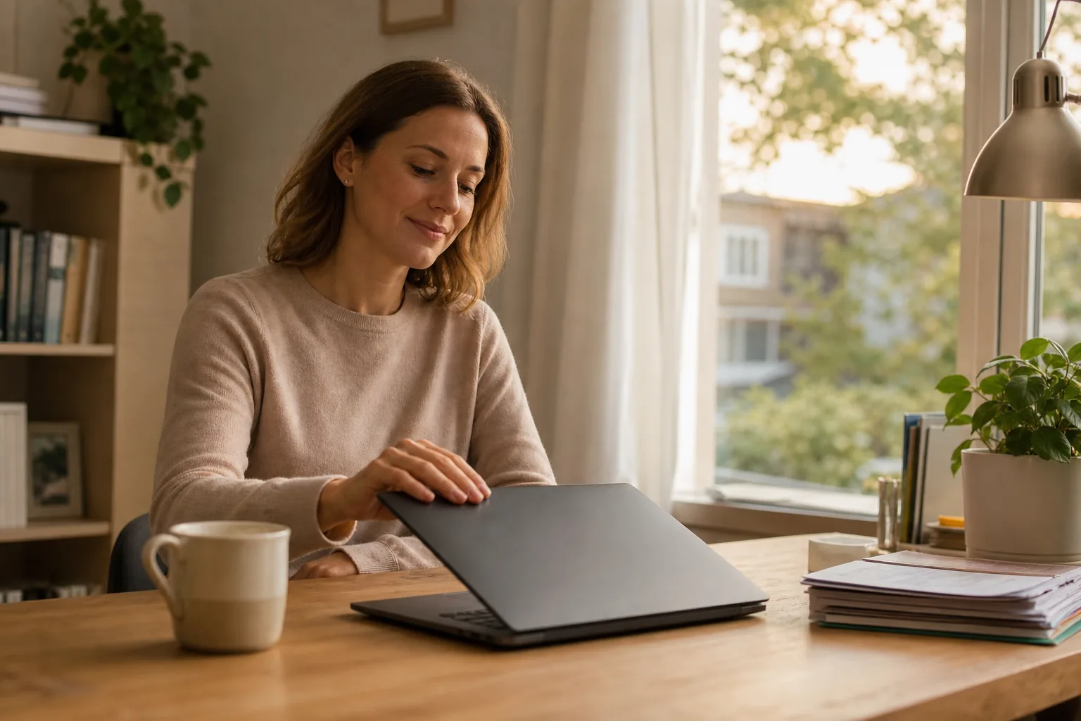 A teacher gently closing a laptop in soft early-evening daylight.
