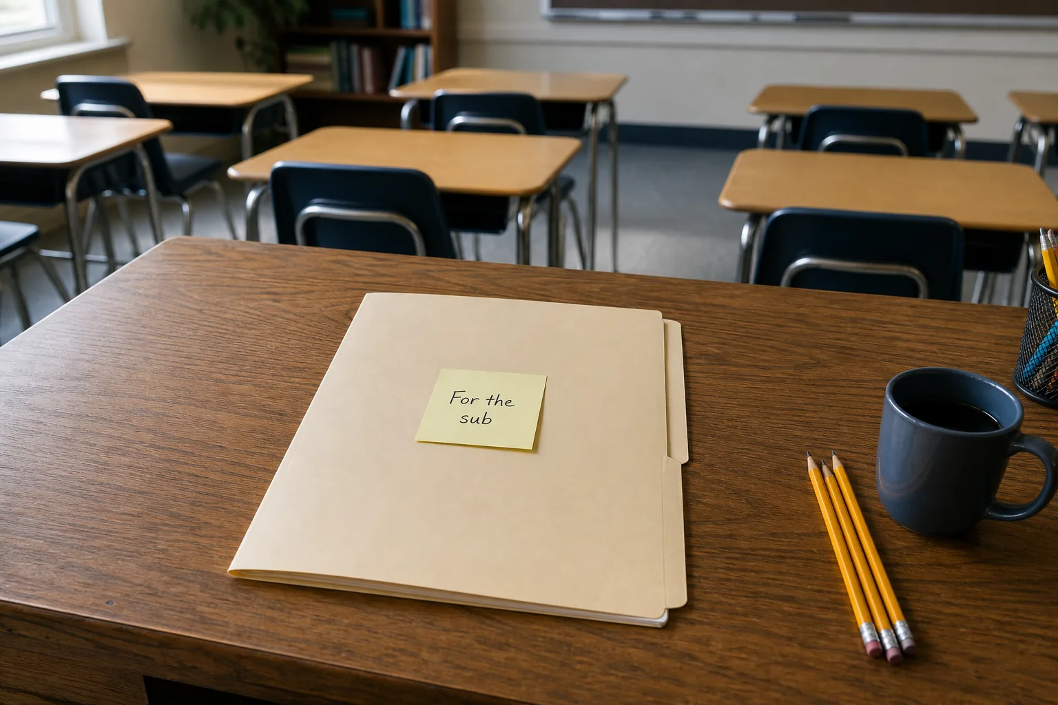 A manila folder on a teacher's wooden desk with a small handwritten sticky note that reads For the sub.