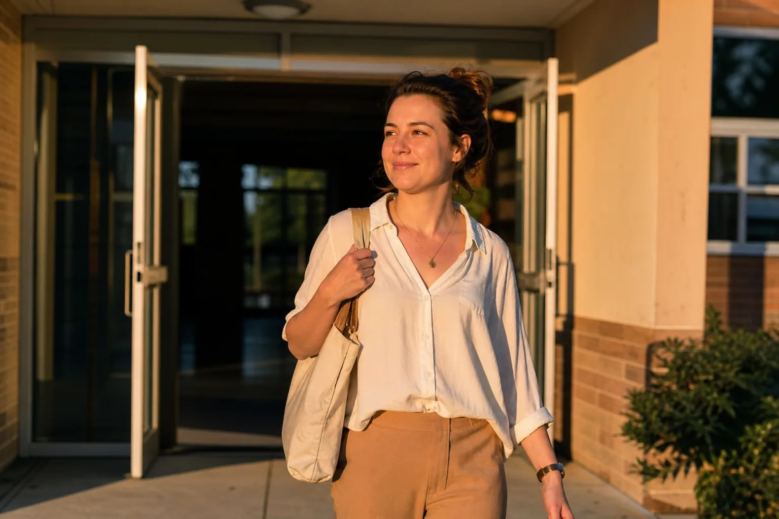 A teacher walking out of school doors into late-afternoon sun with a light tote over one shoulder.