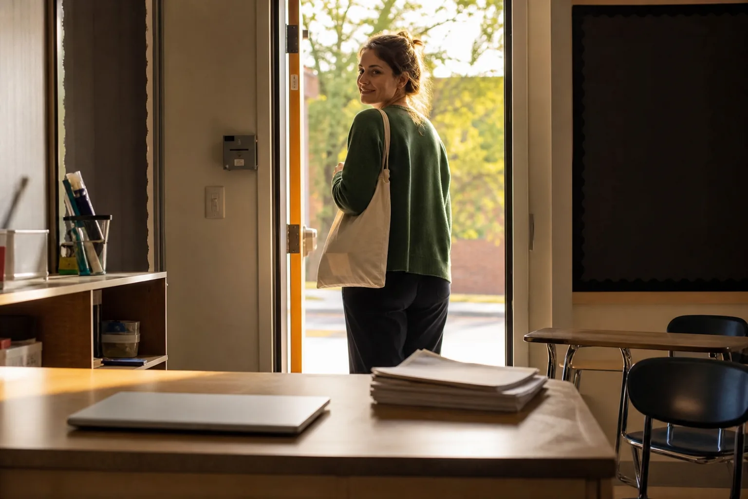 A teacher stepping out of her classroom door into afternoon daylight, a light tote over one shoulder, her laptop closed on the desk behind her.