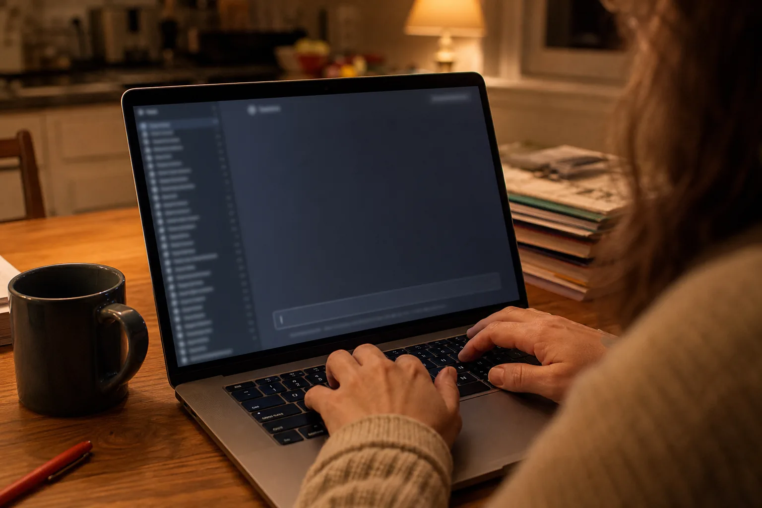 A laptop on a kitchen table at night showing an AI chat app with a long sidebar of old chats and a fresh empty chat, a teacher's hands on the keyboard about to type it all again.